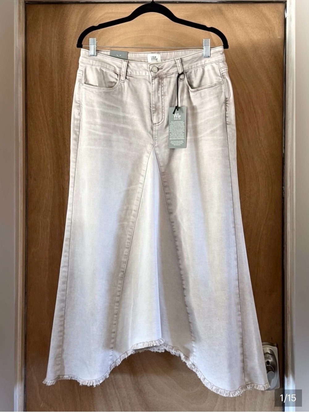 Wash Lab Selma Maxi Skirt Asymmetric Frayed Hem Denim Women 30 NWT Almond